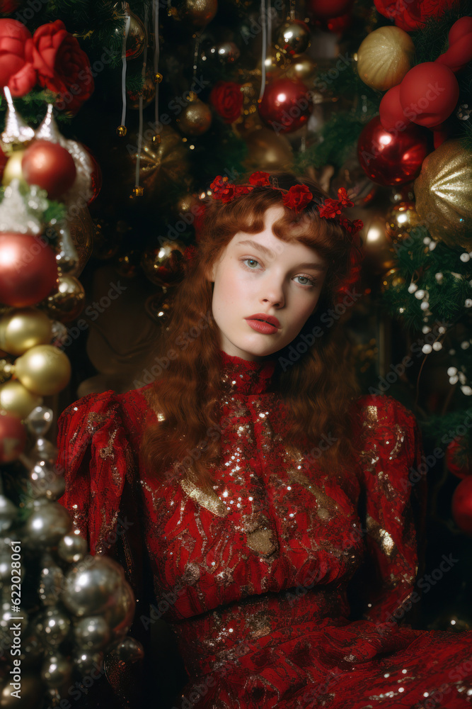 portrait of a woman/model/book character in a Christmas card setting with warm green and burgundy colours fashion/beauty editorial magazine style film photography look - generative ai art portrait of a woman/model/book character in a Christmas card setting with warm green and burgundy colours fashion/beauty editorial magazine style film photography look - generative ai art
