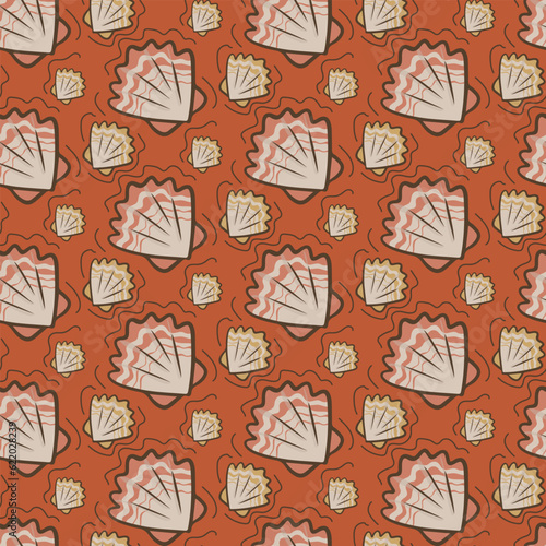 Cartoon seamless pattern with seashells. Flat vector outline oceanic or marine shells on orange background. Suitable for kids textile, wallpaper, wrapping, background, interior decor.