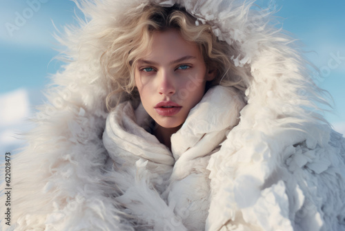portrait of a woman/model/book character in a cold winter setting with warm white clothes close-up fashion/beauty editorial magazine style film photography look - generative ai art 
