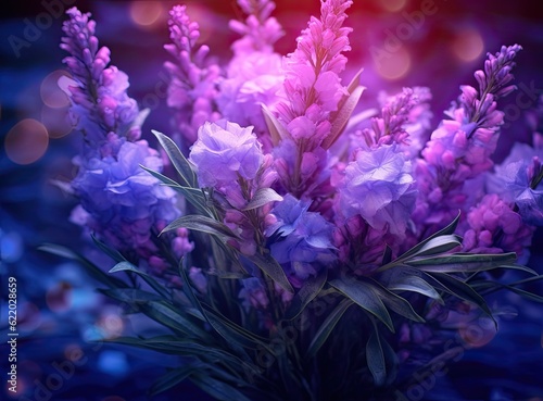 Close-up of lavender flowers  Soft focus on black background. Created with Generative AI technology.