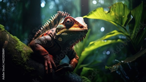 Chameleon in the rainforest. ultra realistic image of chameleon