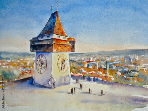 Canvastavla Cityscape of Graz and the famous clock tower (Grazer Uhrturm) on Shlossberg hill, Graz, Styria region, Austria at sunset