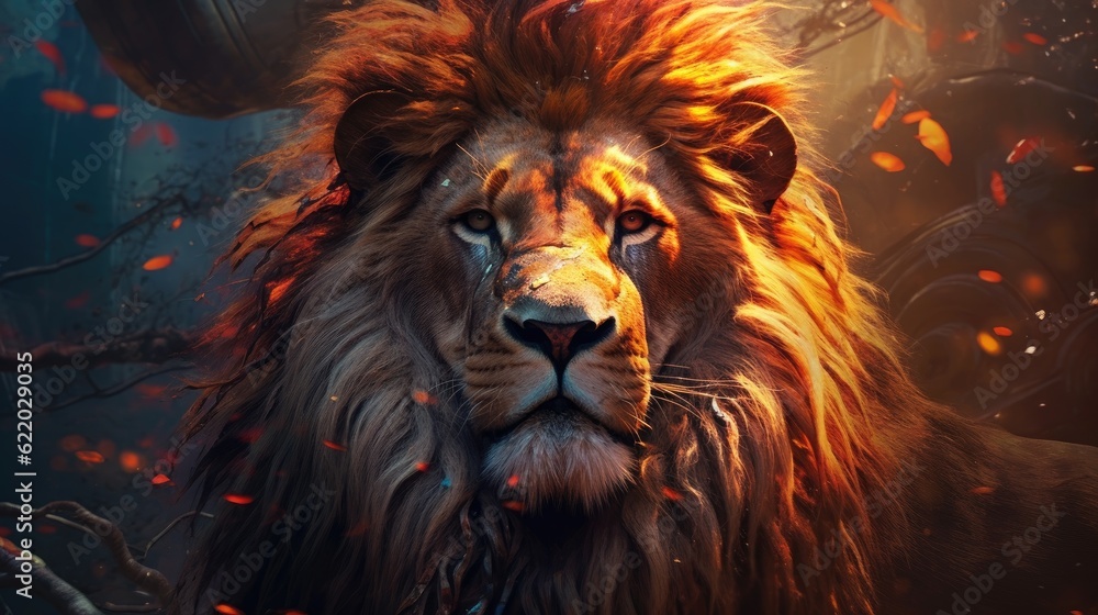 Naklejka premium Lion in the forest. Fantasy illustration. 3D rendering