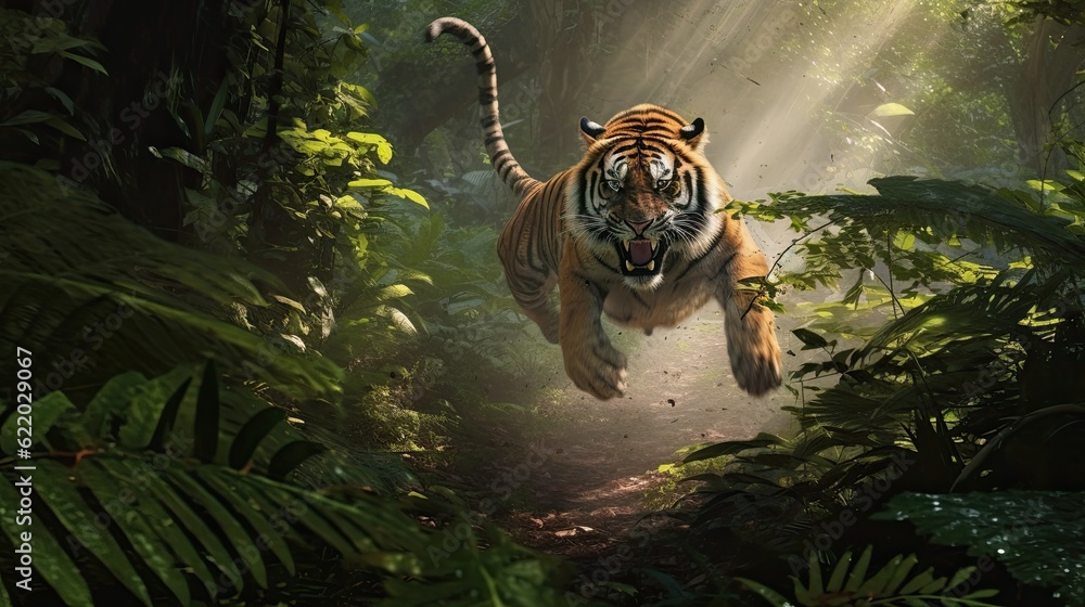 Sumatran tiger running in the jungle, Panthera tigris altaica - obrazy, fototapety, plakaty 