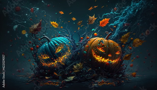 Conceptual Halloween wallpaper with a pumpkin with a glowing face with an ominous looking splash and swirl of water.Generative AI