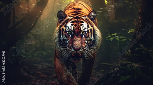 Siberian tiger in the forest. Wildlife scene from nature