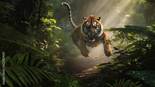 Sumatran tiger running in the jungle, Panthera tigris altaica photo