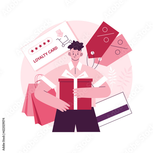 Discount and loyalty card abstract concept vector illustration. Loyalty program and customer service, retail reward card, collecting points, frequent client, discount price abstract metaphor.