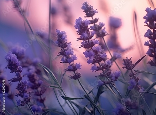 Close-up of lavender flowers  Soft focus on black background. Created with Generative AI technology.