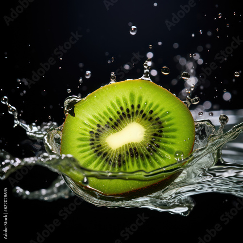 Refreshing Delight  Splashing Water Drops on a Cut Kiwi. Generative Ai