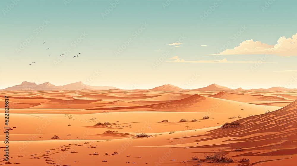 A bird flies over a distant desert with sand dunes. (Illustration, Generative AI)