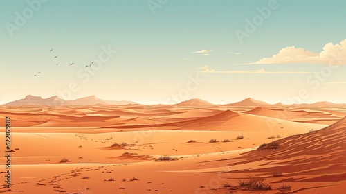 A bird flies over a distant desert with sand dunes.  Illustration  Generative AI 