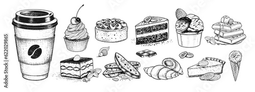Leinwand Poster Vector sketchy illustrations collection of desserts and sweet food and paper cof