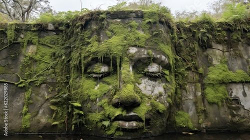 Moss-covered face depicted in close-up on a wall. (Illustration, Generative AI) © HandmadePictures