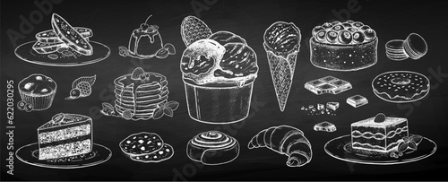 Chalk sketh vector illustration set of desserts and bakery on chalkboard background