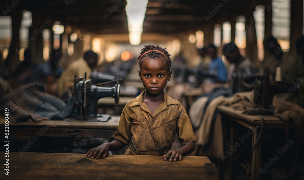Child labor, Little dark skinned child working in sewing factory with sewing machine, poverty of children textile industry in 3rd world countries Child labor, Little dark skinned child working in sewing factory with sewing machine, poverty of children textile industry in 3rd world countries