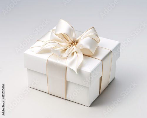White gift box, sitting on a white surface. it is wrapped in a white ribbon, adding a touch of elegance to its presentation. © Arma Design
