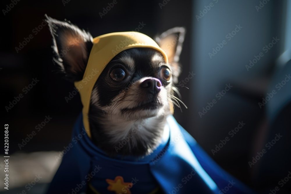 A small dog dressed as a superhero, with a cape and a mask. Halloween costume and party. Generative AI