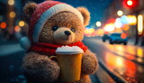 A cute bear cub in a knitted hat and scarf drinks coffee from a cup on a snowy street with colored lamps in the background.Generative AI