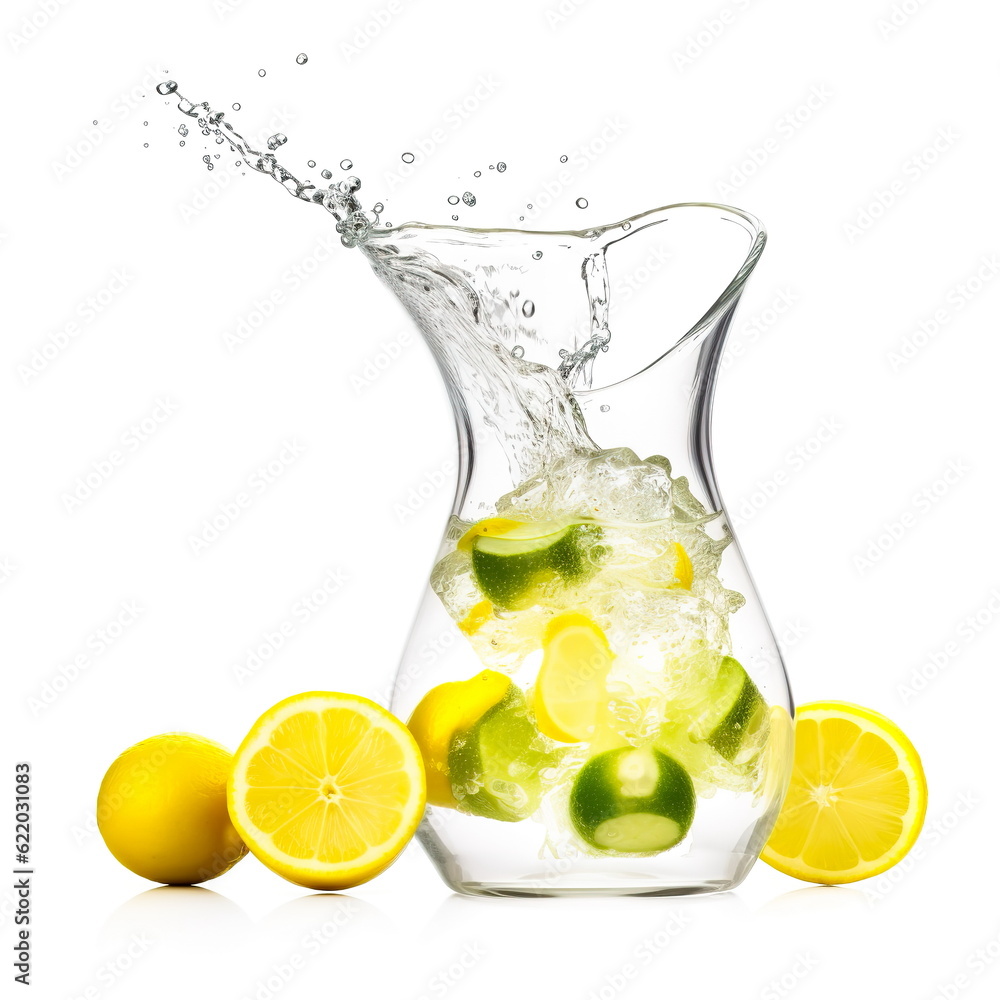 Glass decanter with splash of water and lemon and limes.Generative AI Glass decanter with splash of water and lemon and limes.Generative AI