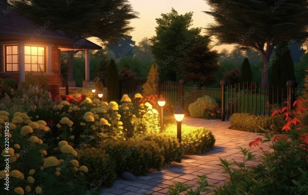 Fototapeta premium Panoramic Photo of LED Light Posts Illuminated Backyard Garden During Night Hours. Modern Backyard Outdoor Lighting Systems. Created with Generative AI technology.
