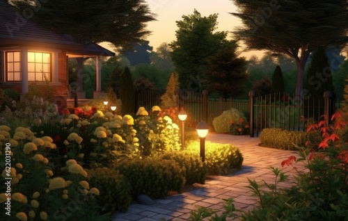 Panoramic Photo of LED Light Posts Illuminated Backyard Garden During Night Hours. Modern Backyard Outdoor Lighting Systems. Created with Generative AI technology. © lililia