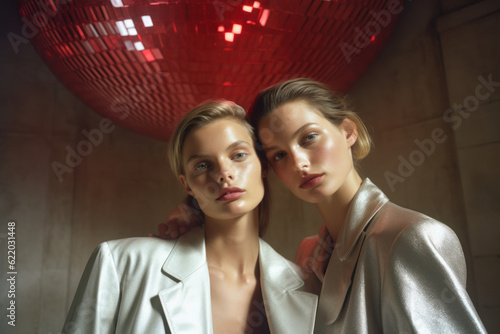 two elegant female friends/models/lgbtq couple in magazine editorial fashion/beauty photo shoot standing embracing under mirrorball in ballroom film photography look - generative ai art photo