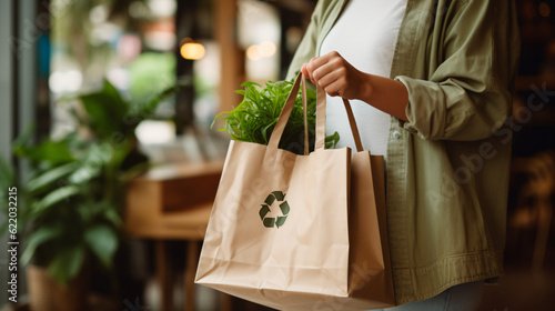 Sustainable Lifestyle: someone using a reusable bag while shopping, with the focus on the eco-friendly behavior
generative ai photo