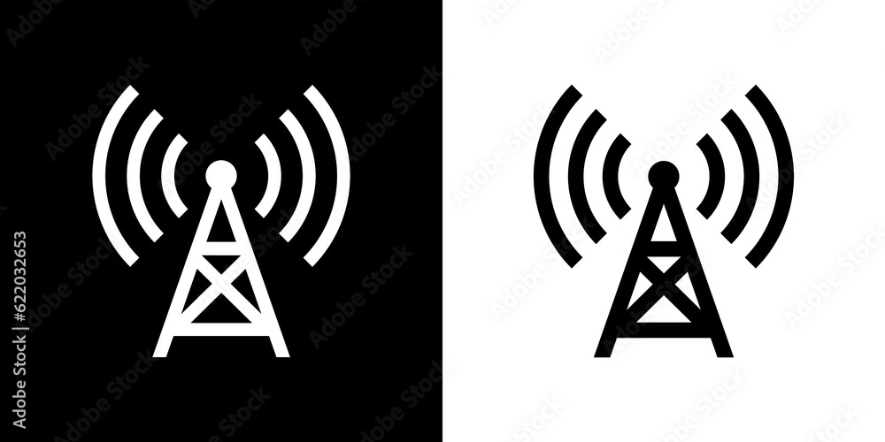 Communication tower icon. Antenna transmitting a signal. Symbol of radio, TV signal and mobile communications. - obrazy, fototapety, plakaty 