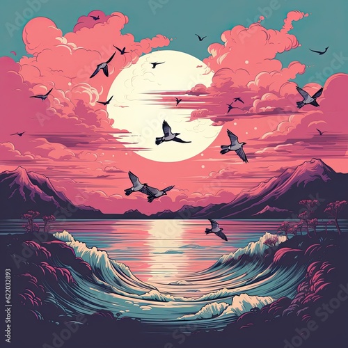 Seagulls flying over ocean/water at sunset or dawn. (Generative AI) © HandmadePictures