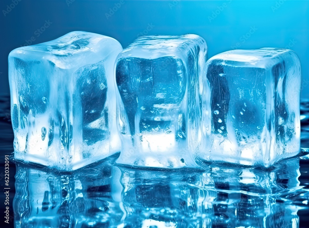 Three melting ice cubes on glass table. On white background. Created with Generative AI technology. Three melting ice cubes on glass table. On white background. Created with Generative AI technology.