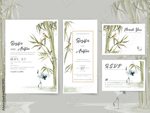hand painted watercolor bamboo wedding invitation card template