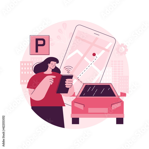 Self-parking car system abstract concept vector illustration. Automated parking car system, self-parking vehicle, smart driverless technology, autonomous driving valet abstract metaphor. photo