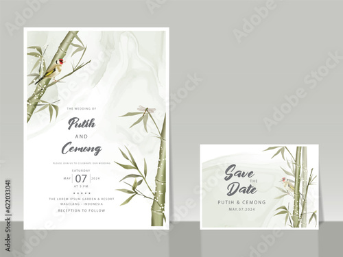hand painted watercolor bamboo wedding invitation card template