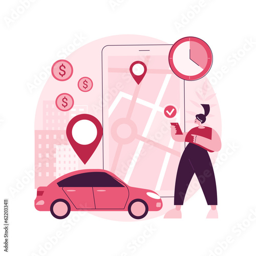 Carsharing service abstract concept vector illustration. Rental service, short term rent, carsharing application, ride application, hiring a car peer to peer, hourly payment abstract metaphor.