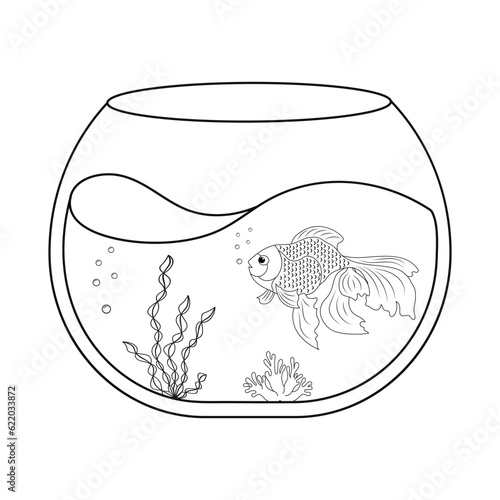 Fish in aquarium. Veiltail coloring page in bowl. Simple illustration of an aquatic pet