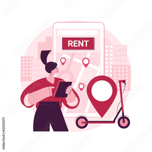Personal electric transport abstract concept vector illustration. Electric scooter rental, two wheels, portable light vehicle, personal green transport, urban transportation abstract metaphor.