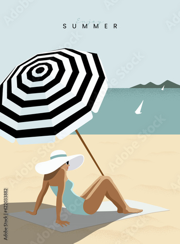 Girl relaxing on the beach. Suntanned woman sunbathing on towel, Resort on summertime vacation. Seaside blue ocean scenic view background. Pop art poster, Modern retro style. Flat vector illustration.