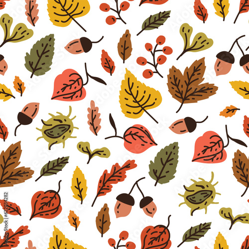 Autumn seamless pattern with different leaves and plants, seasonal colors with acorns, autumn oak leaves in Orange, Beige, Brown and Yellow. Perfect for wallpaper, gift paper, pattern fills, web page