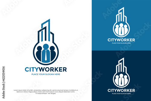 City worker vector logo template. This design use human and building symbol. suitable for business.