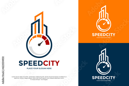 Speed city vector logo template. This design use speed mete and building symbol. Suitable for business