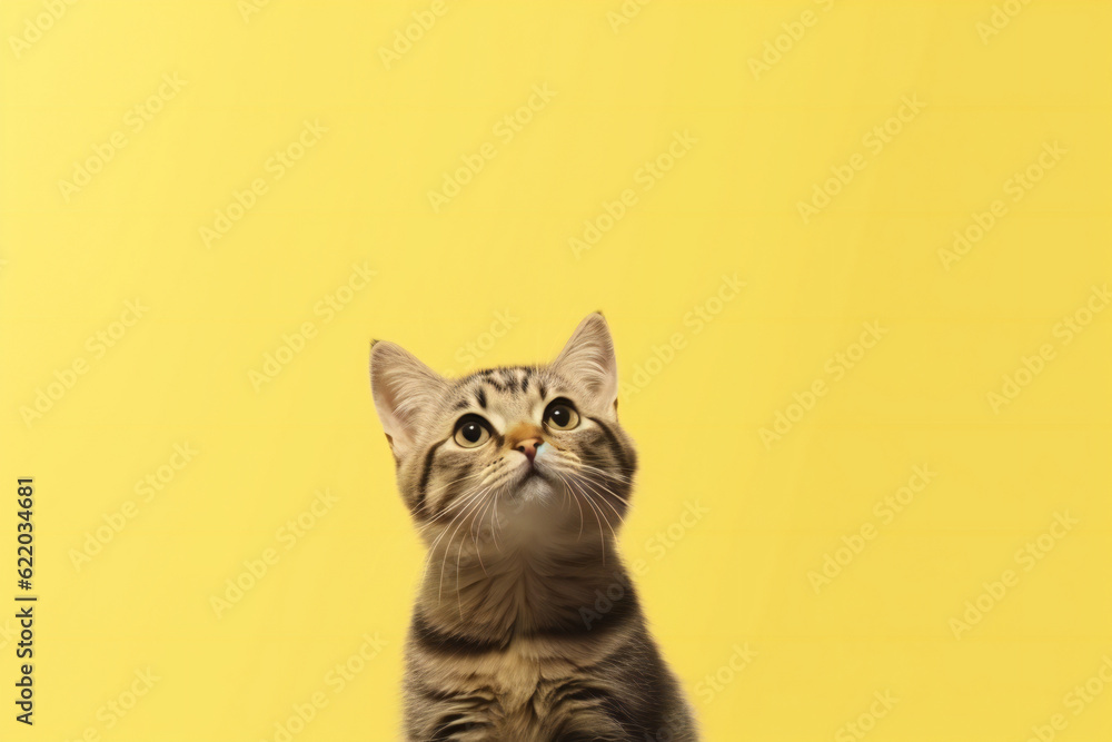 Kitten looking up on a yellow background. Generative AI Kitten looking up on a yellow background. Generative AI