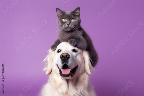 Dog with cat on top of its head. Purple Background. Generative AI