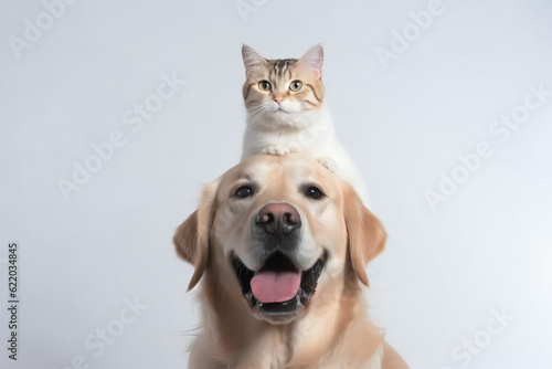 Dog with cat on top of its head. White Background. Generative AI