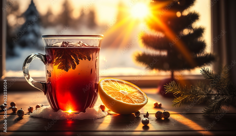 A Christmas punch in a glass with an orange slice sits on a table illuminated by the light from the window.Generative AI A Christmas punch in a glass with an orange slice sits on a table illuminated by the light from the window.Generative AI