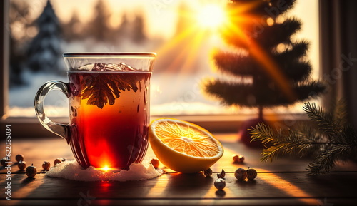 A Christmas punch in a glass with an orange slice sits on a table illuminated by the light from the window.Generative AI