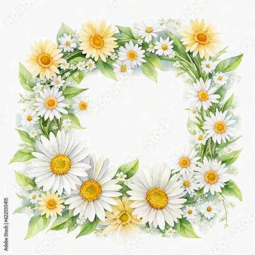 Watercolor daisy floral frame illustration design on isolated white background created with Generative AI technology © designermetin