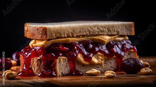 Sandwich with peanut butter and raspberry jam.Generative AI