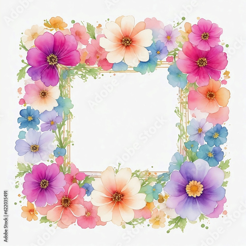Watercolor colorful cosmos flower frame illustration design on isolated white background created with Generative AI technology