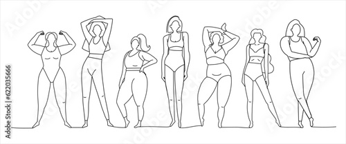 Beautiful different girls in line style. The silhouette of the body of positive women. Feminism and self-love